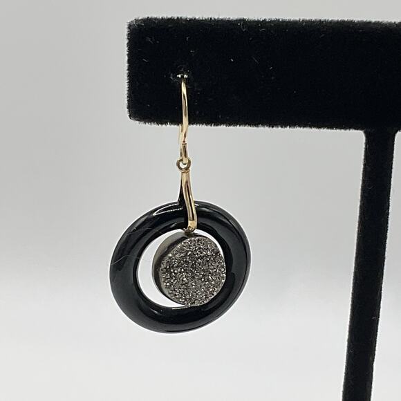 14k Gold Earrings Druzy Hemitate Black Onyx Dangle Hook 1.5” JCM Signed Dangle - Picture 3 of 10
